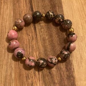 Handmade Pink Rhodonite Beaded Stretch Bracelet with Gold Accent
